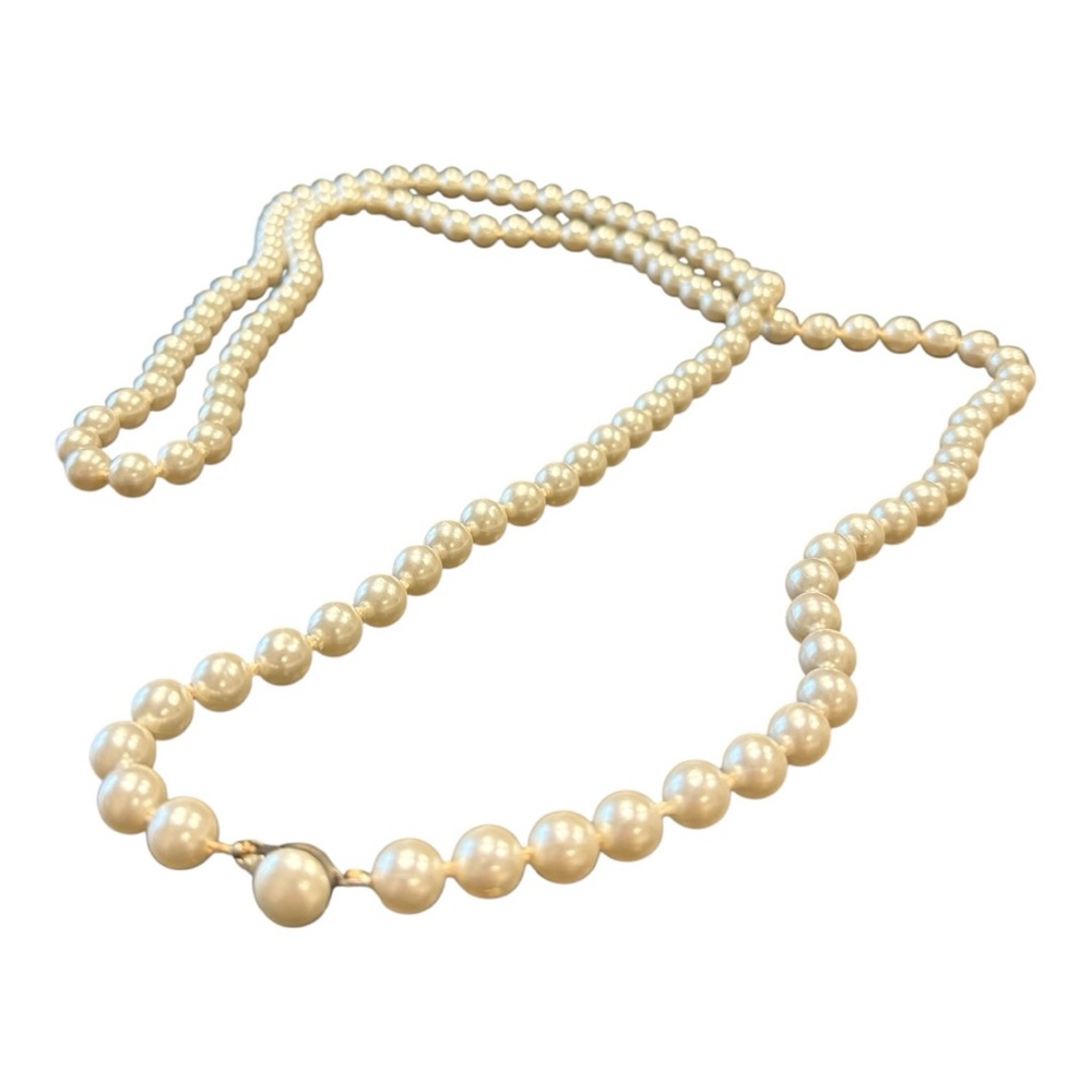 Vintage Faux Pearl Long Strand Hand Knotted Necklace beautiful Clasp 52” J12